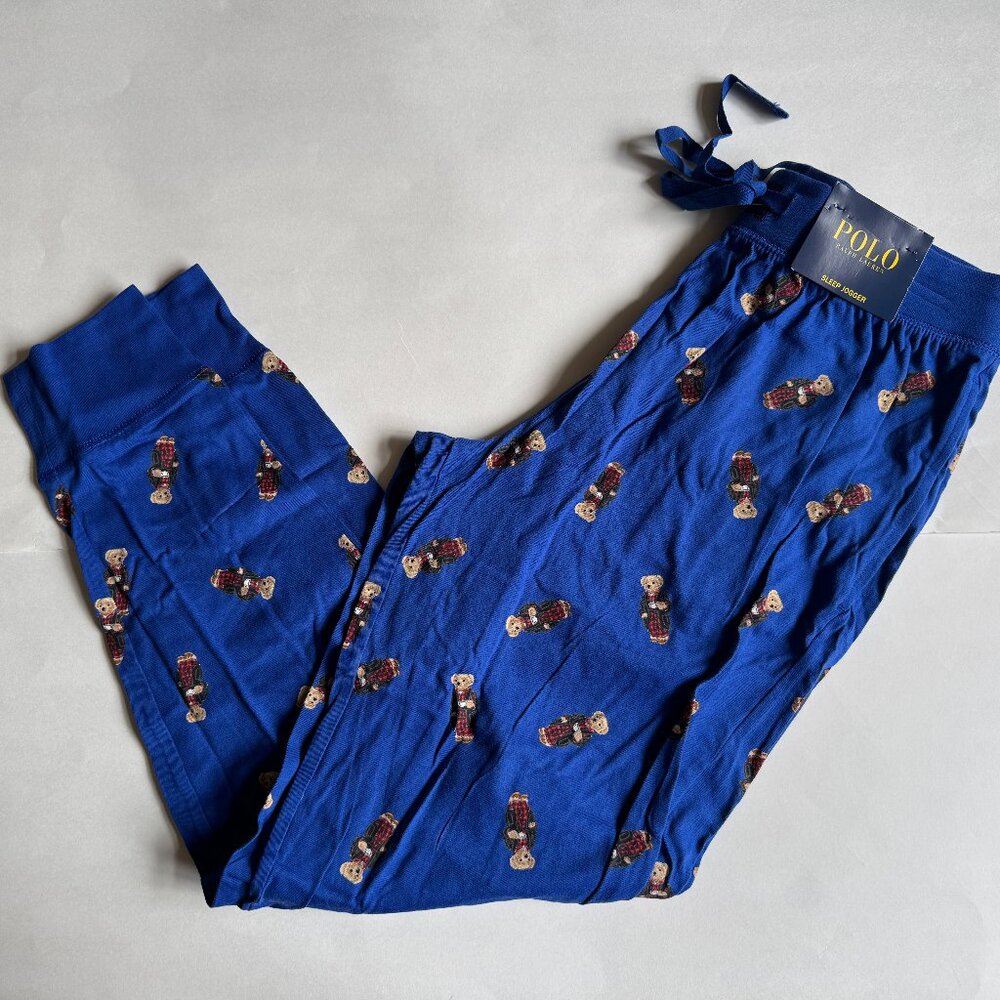NWT Polo Ralph Lauren Bear Knit Jogger Pajama Lounge Pants Rugby Royal